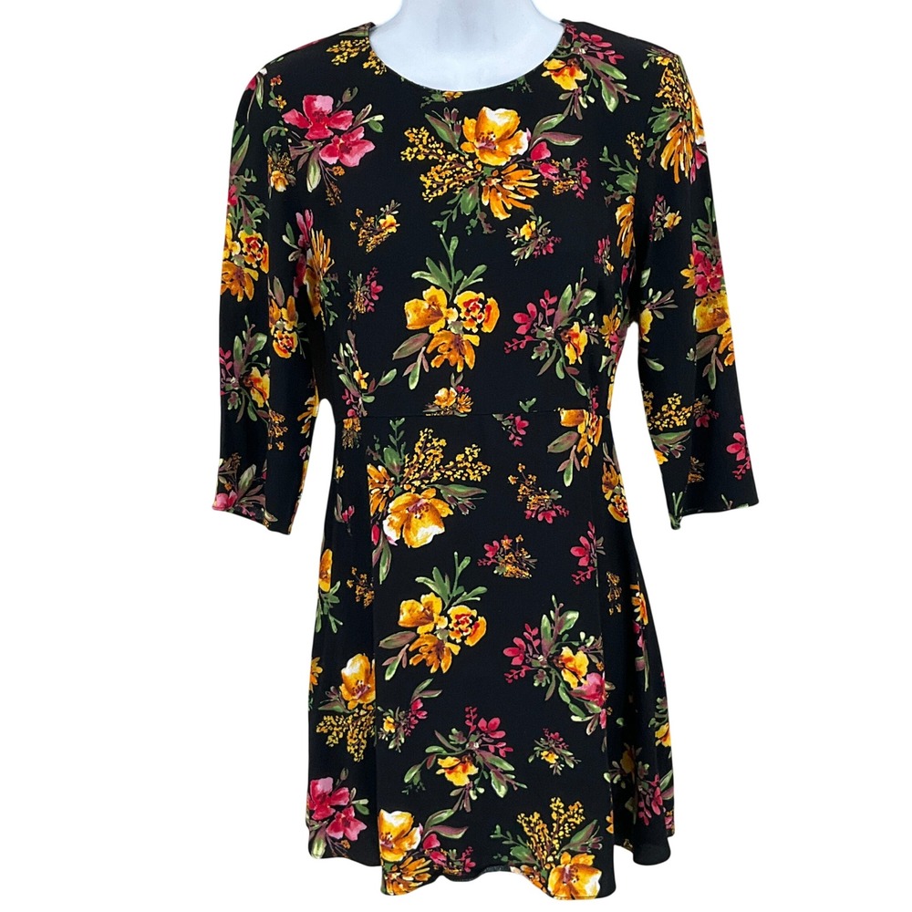 Zara Basic Dress Womens M Black Floral 3/4 Sleeve Mini Boho Classic